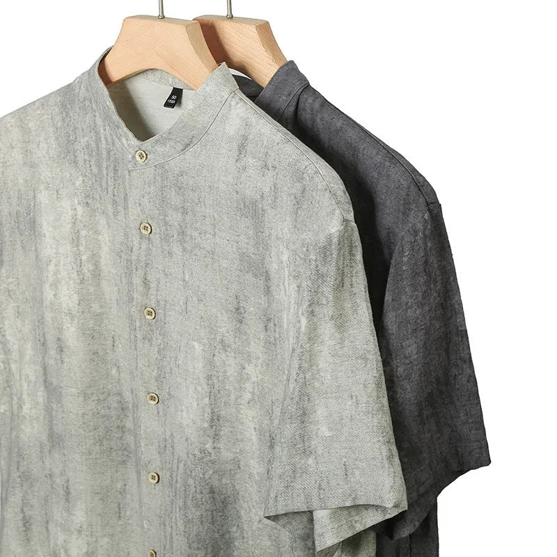 Men's loose fit short sleeve linen shirt in cardigan style with a stand collar.