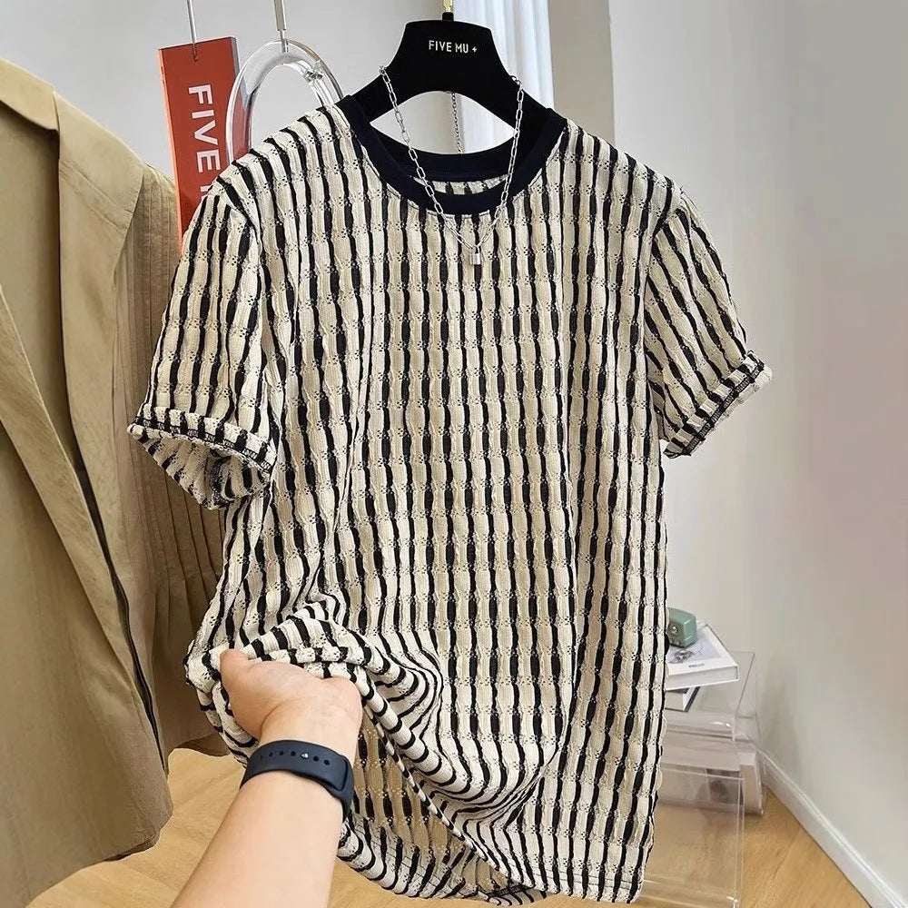 Black striped men's loose-fit short sleeve casual shirt made from linen and silk fabric