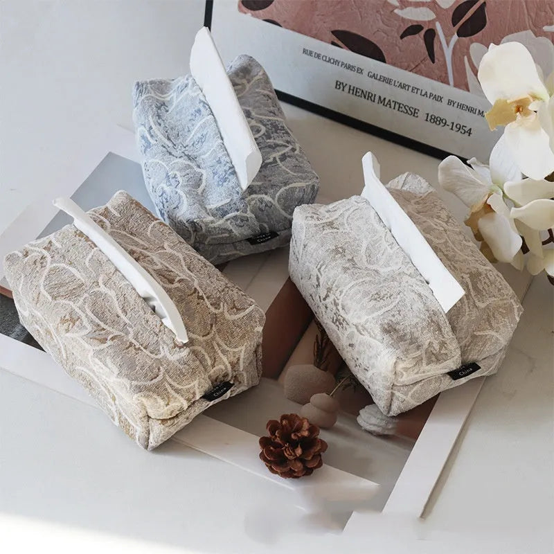 Chinese style cotton fabric tissue box cover with rose pattern in beige, blue, or brown.