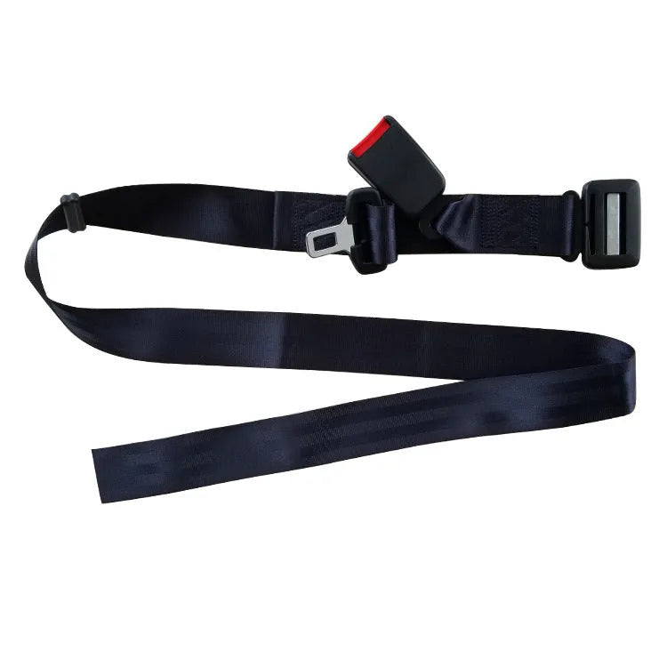 A beige press buckle maternal car seat belt support wrapped around a grey car seat.