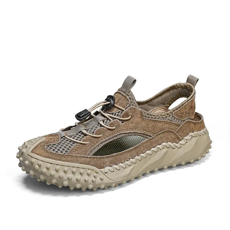 Men's black waterproof sports sandals with leather mesh upper and elastic band fastening
