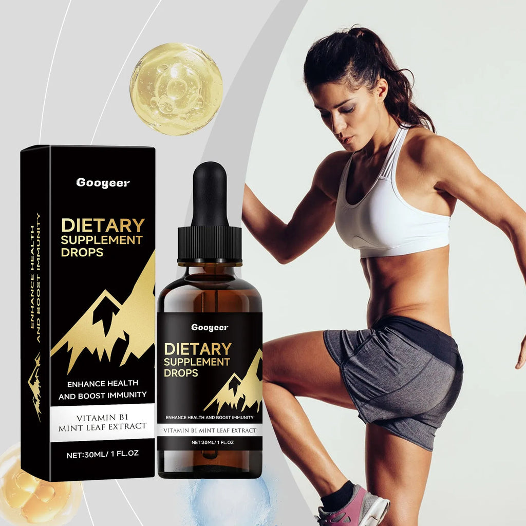 Clear bottle of amber liquid dietary supplement drops with a black dropper top.