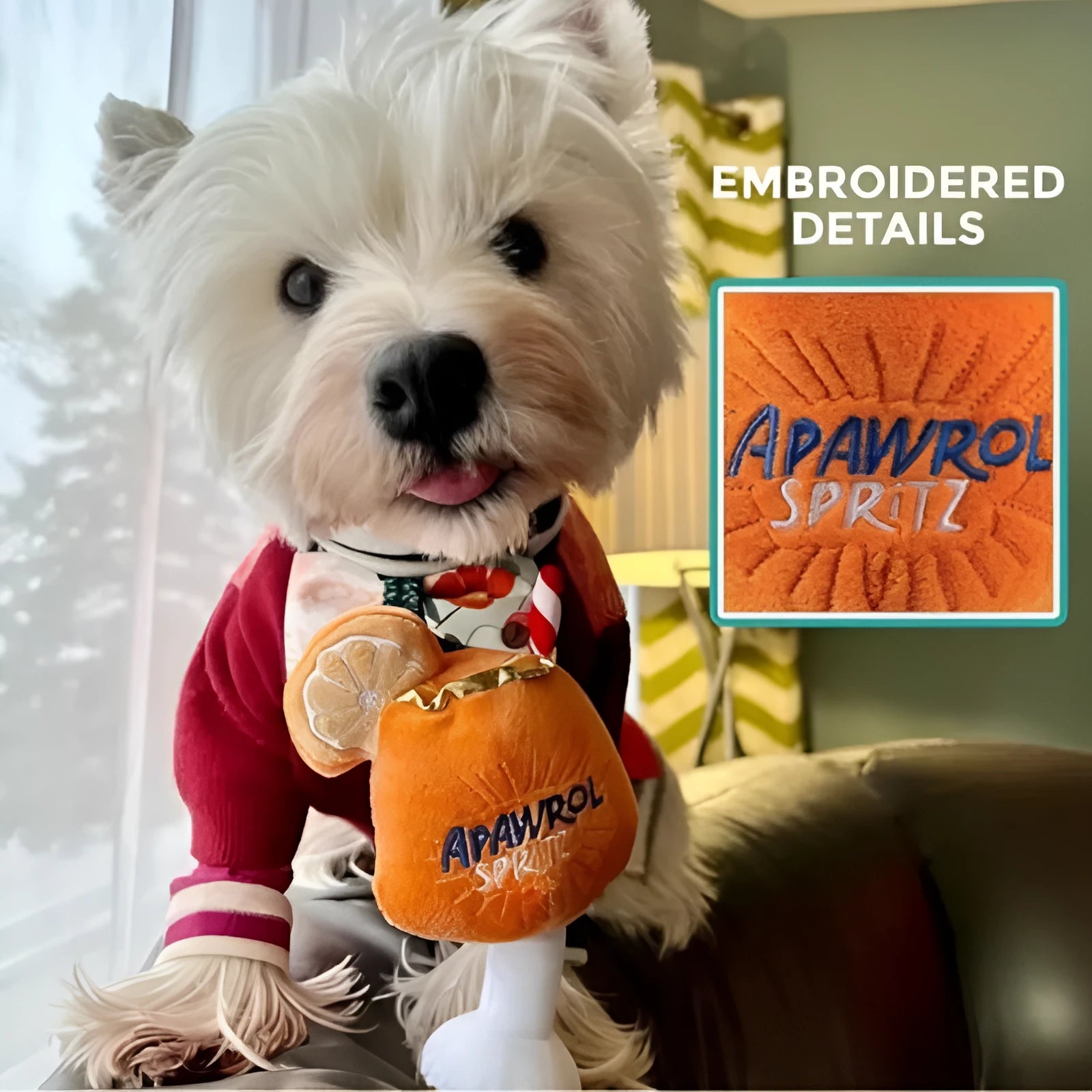 Yellow wine glass shaped plush dog toy with squeaker and teeth-cleaning feature