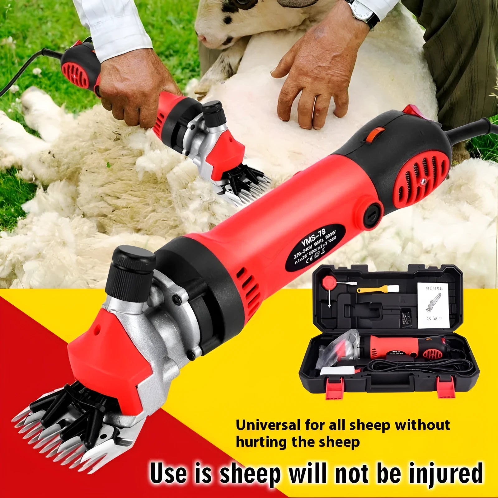 Yellow electric wool shearing machine with 110V plug and multiple blade sets in a plastic storage box