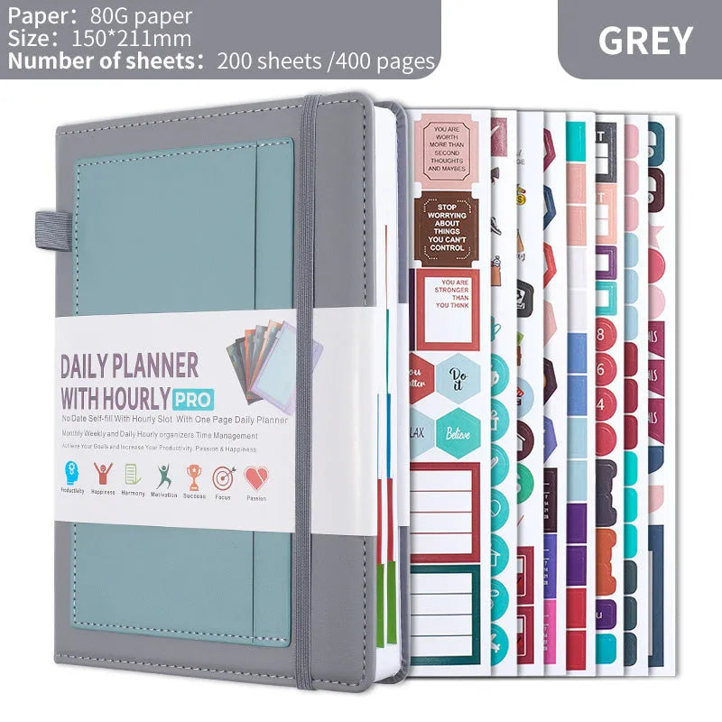 PU leather notebook with strap closure, shown open on 80g wood-free paper, available in purple, green, gray, black, pink, and orange.