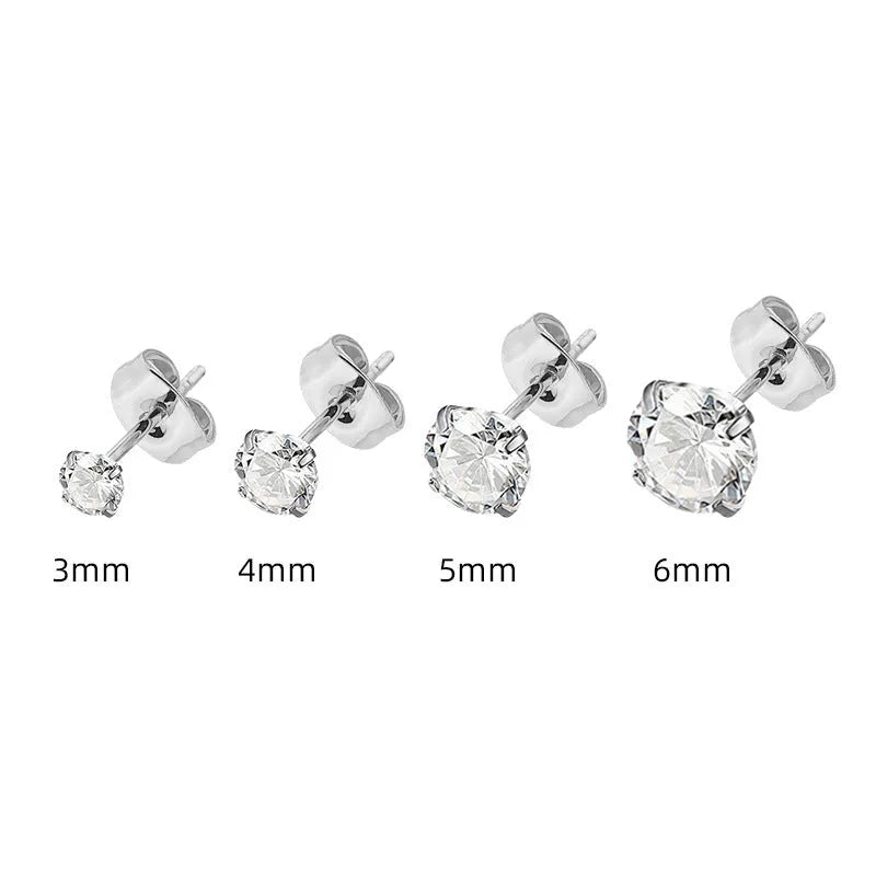 Square geometric titanium steel stud earrings with sparkling zircon stones in gold and steel colour.