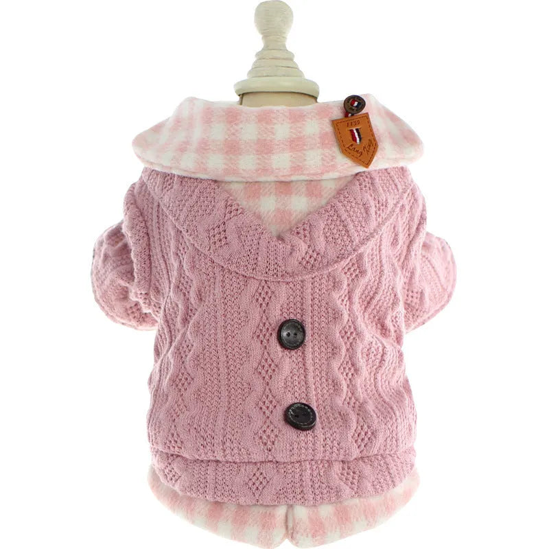 Blue wool plaid dog sweater with fleece lining and two-piece style on medium-sized dog