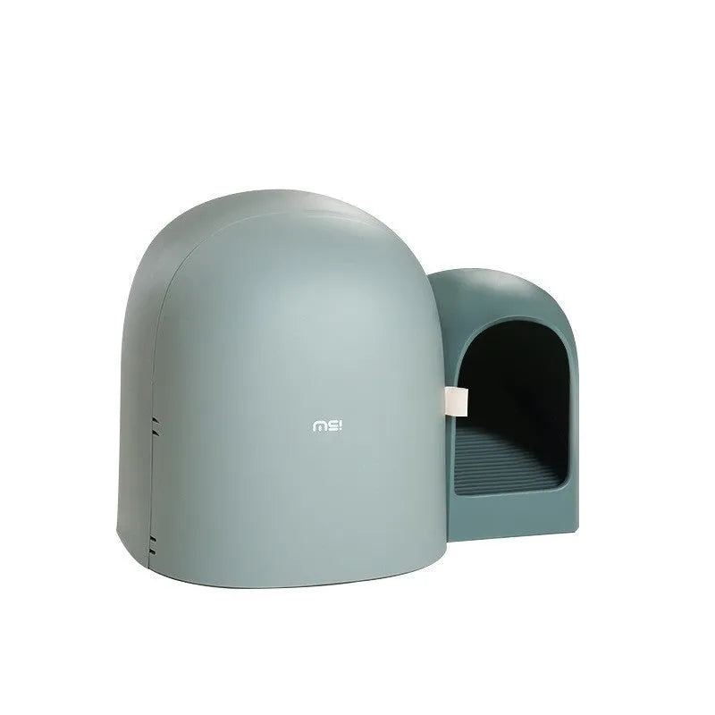 Fully enclosed oversized cat litter box in ABS plastic showing dimensions 67.7cm by 49cm by 50cm