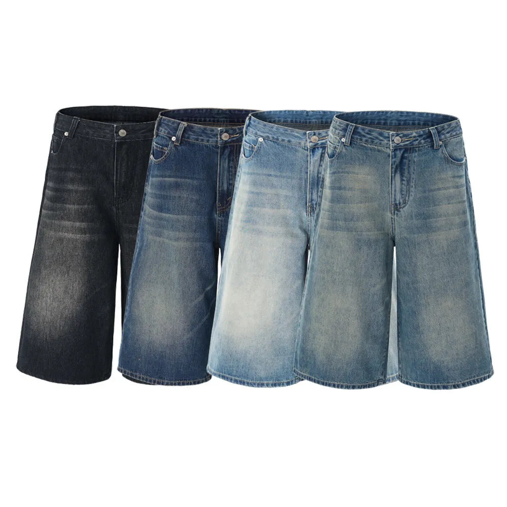 Man wearing straight-leg light blue denim shorts, showcasing the cropped length and loose casual fit.