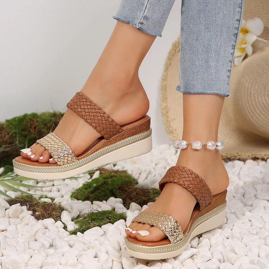 Women's plus size wedge sandals in gold or silver with PU upper and rubber sole
