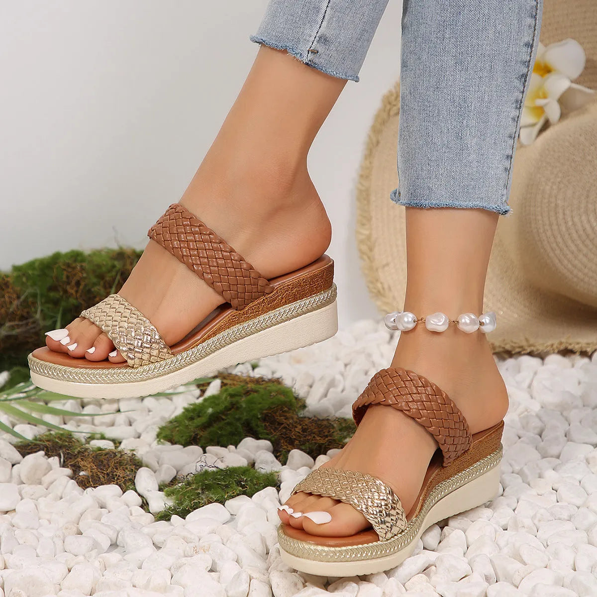Women's plus size wedge sandals in gold or silver with PU upper and rubber sole