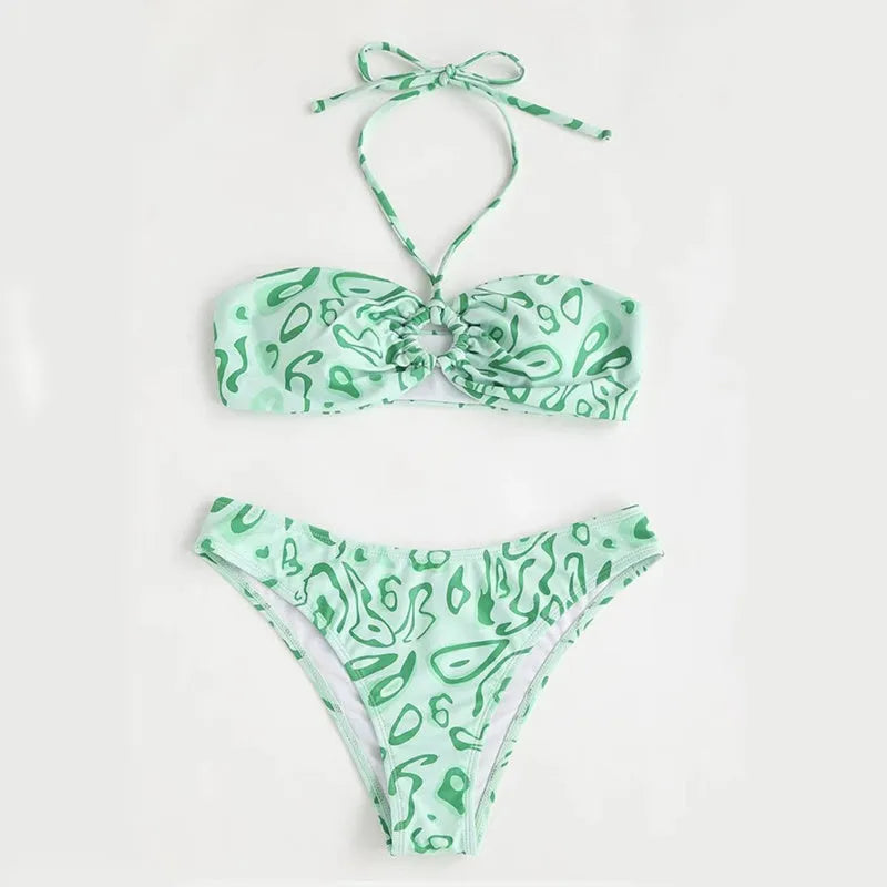 Blue floral bandeau bikini swimsuit with split high-cut legs and adjustable triangle top