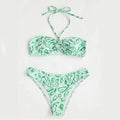 Blue floral bandeau bikini swimsuit with split high-cut legs and adjustable triangle top