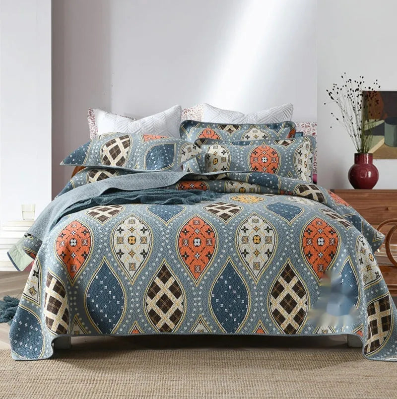 Pure cotton bedspread three-piece set with geometric printed pattern for 1.8 metre bed