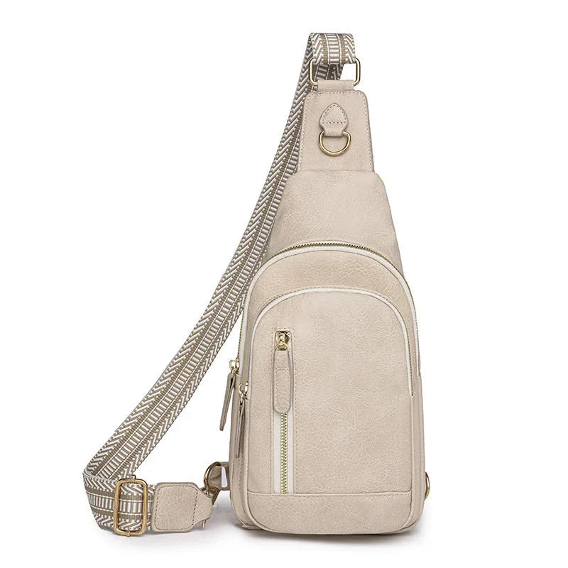 Women's soft PU chest bag in beige with multiple compartments and crossbody strap