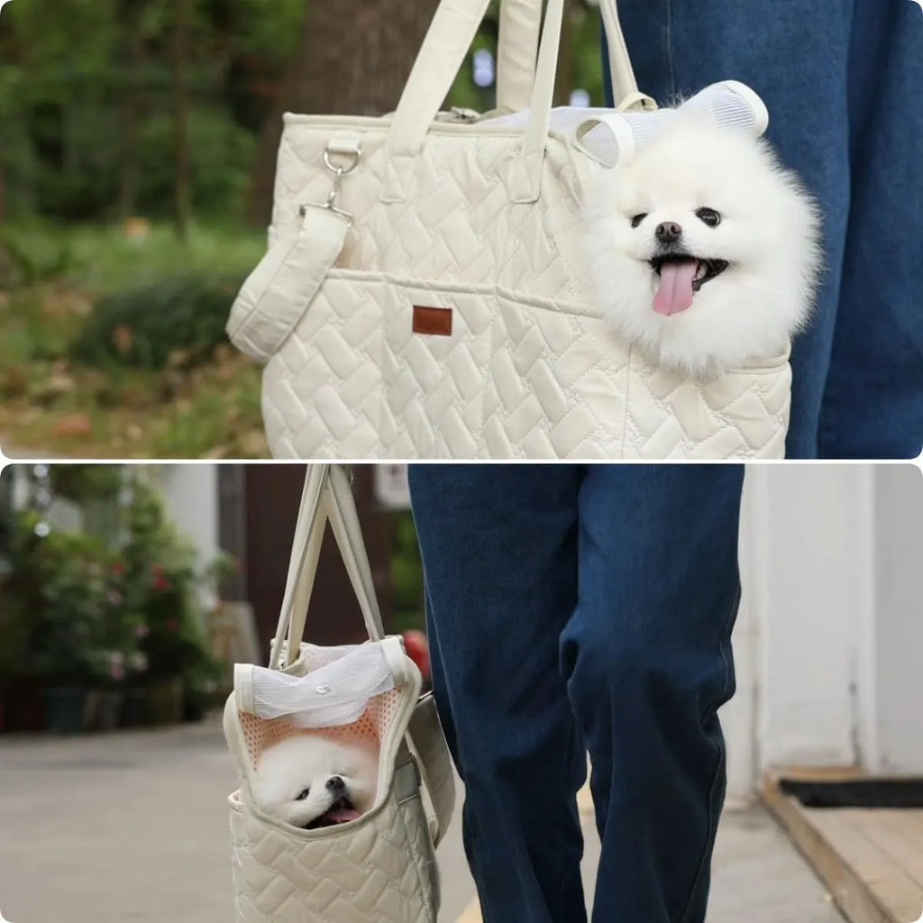 Grey pet carrier handbag with mesh panels and multiple pockets for small dog or cat transport