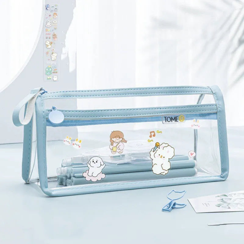 Transparent double-layer pencil case showing two compartments, 220x110x80mm dimensions