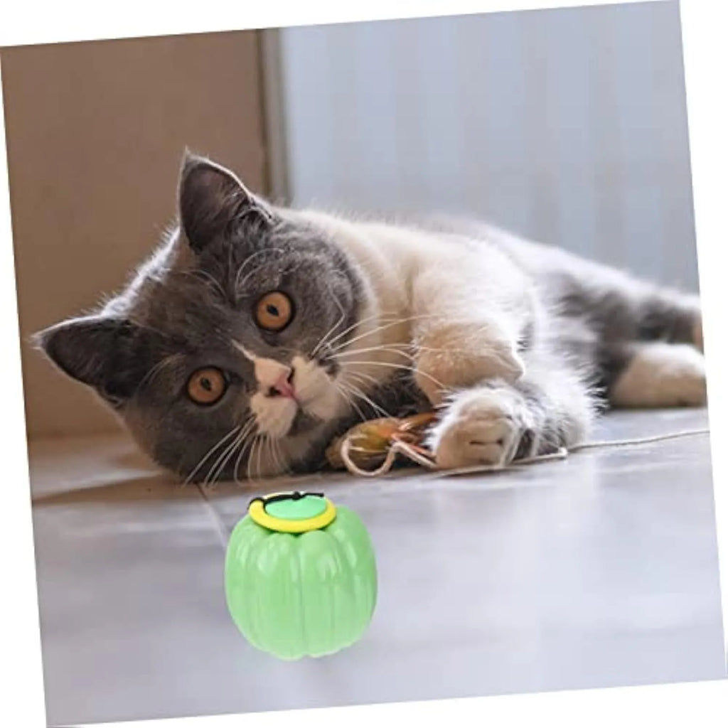 Green, orange, and yellow pumpkin-shaped squeaker dog ball toy for small dogs, shown with size scale.