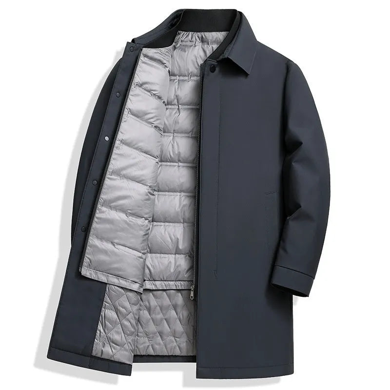 Men's mid-length white duck down jacket in black, thick polyester lining, non-iron, size M to 4XL