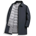 Men's mid-length white duck down jacket in black, thick polyester lining, non-iron, size M to 4XL