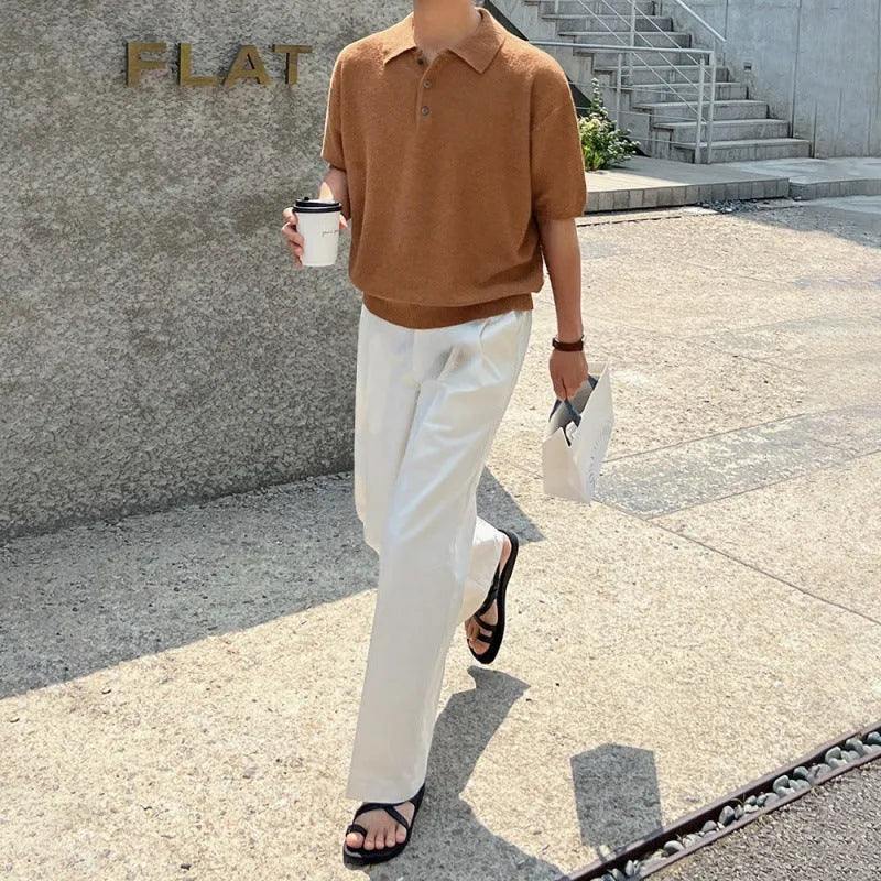 Men's caramel coloured knitted polo shirt with short sleeves and asymmetric design