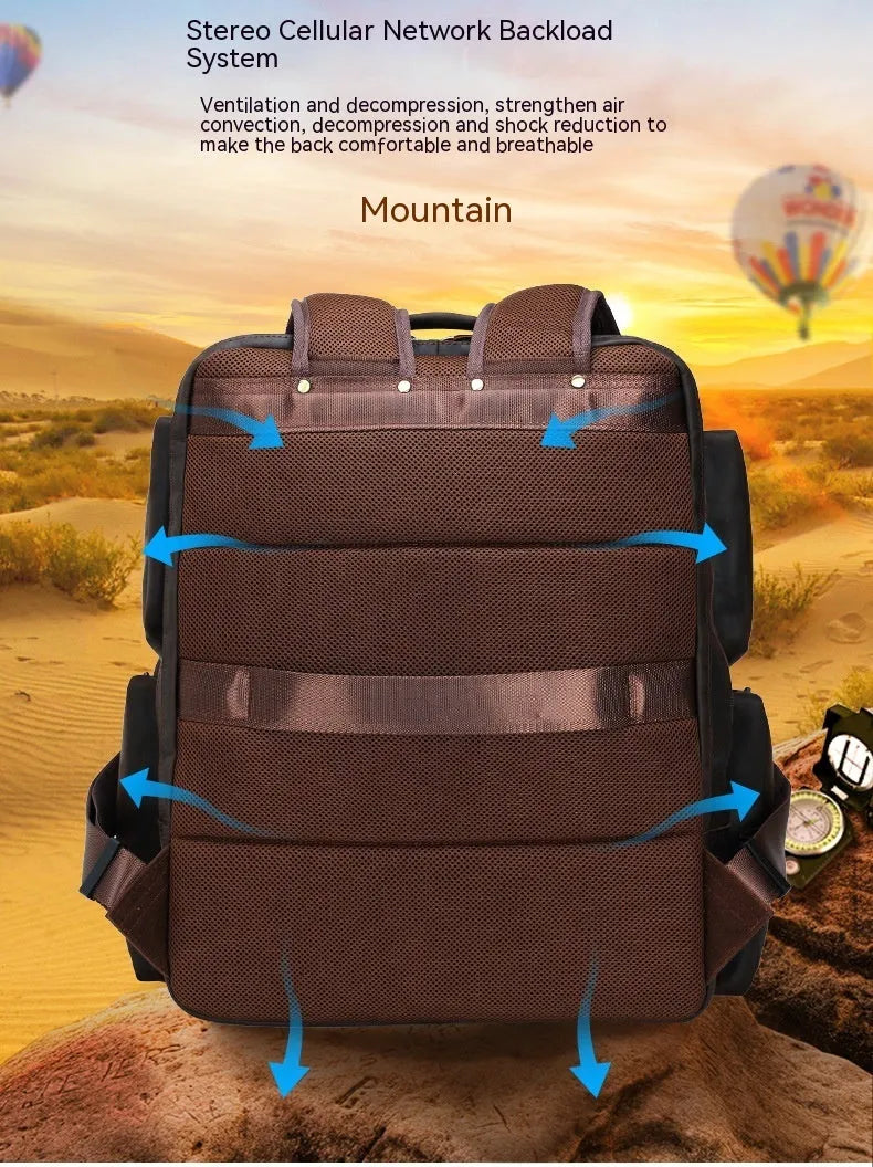 Dark brown men's genuine leather backpack for a 17-inch computer with retro crazy horse texture.