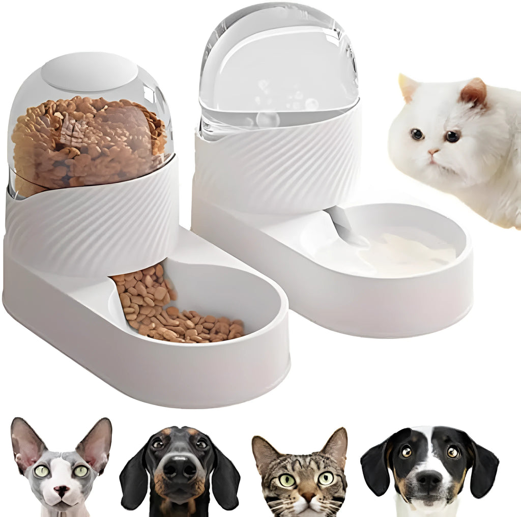 White gravity cat feeder and water dispenser set with wave-shaped design, showing two 2 litre containers