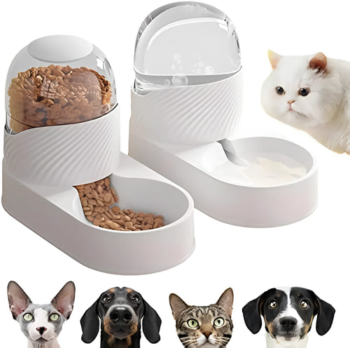 White gravity cat feeder and water dispenser set with wave-shaped design, showing two 2 litre containers