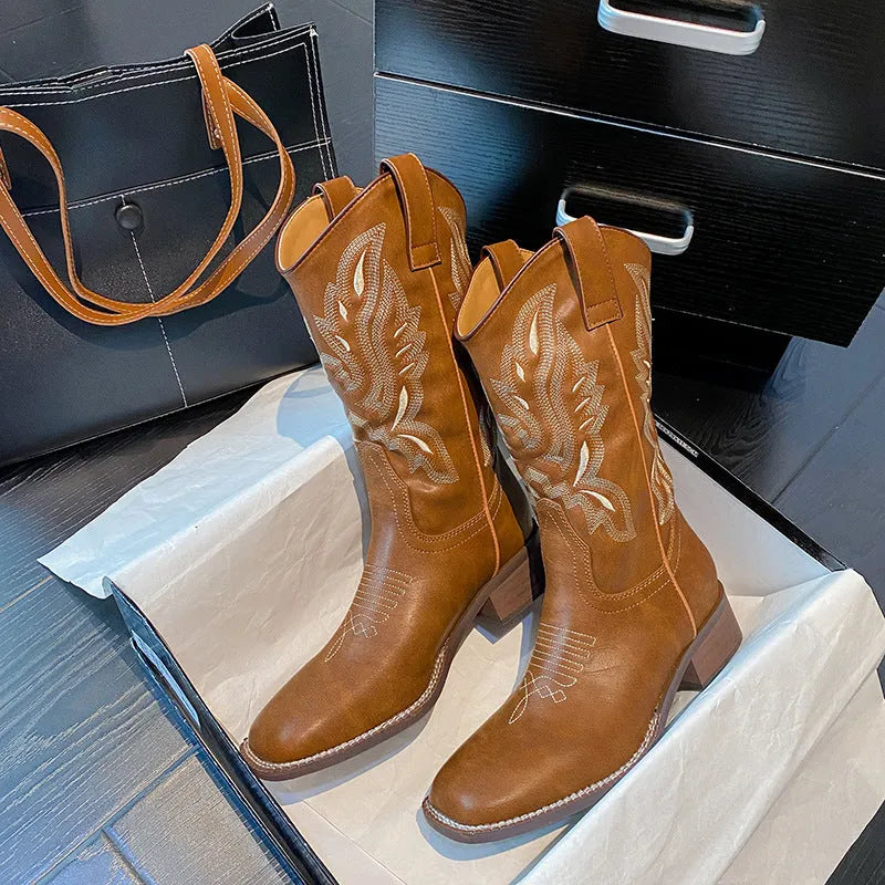 Brown women's mid-calf embroidered martin boots with leather lining and waterproof platform