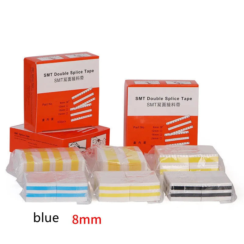 Rolls of SMT double-sided splicing tape in yellow, blue, black, and gum colours for placement machines.