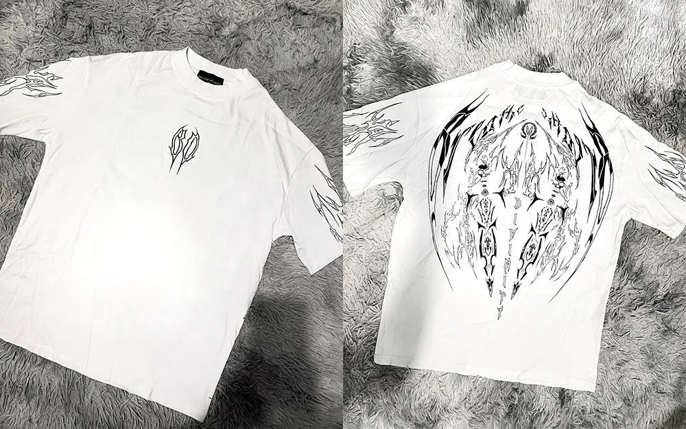 Dark style loose plus size cotton short-sleeved T-shirt with gilding decoration, shown in one of ten available colours.