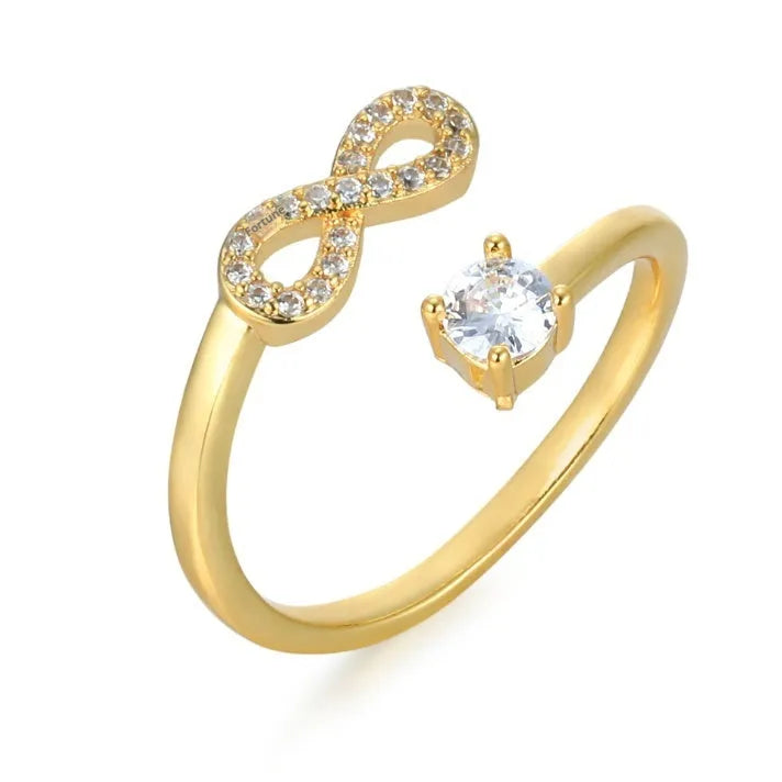 Open geometric ring with engraved letter and inlaid zircon stones in gold, rose gold, or silver finish