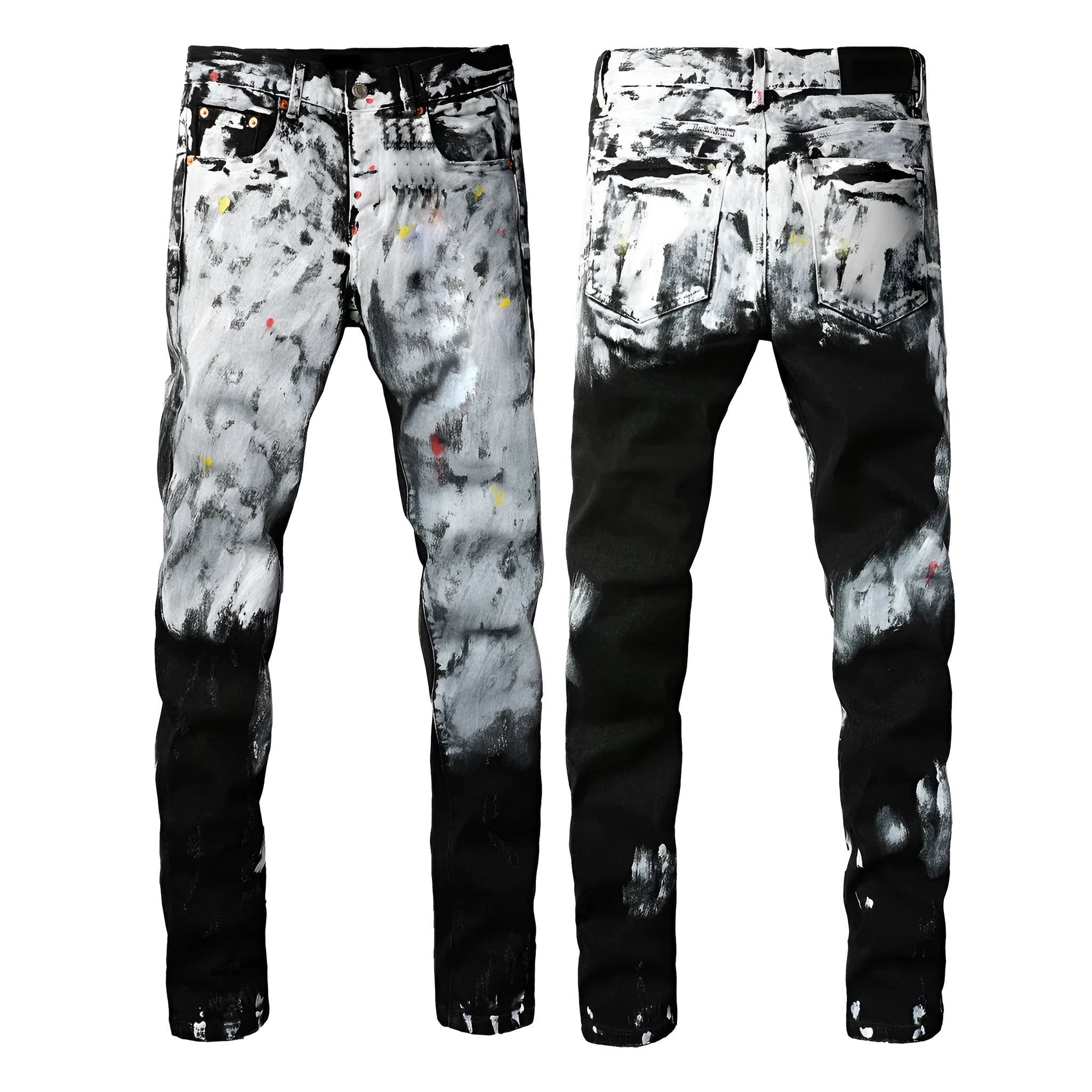 A pair of black slim fit skinny jeans with a straight leg and button fly closure on a mannequin.