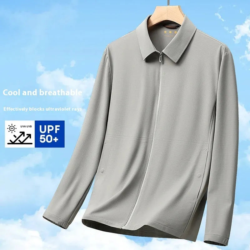 Lightweight navy blue summer business coat with SPF protection on a hanger, showing regular fit.