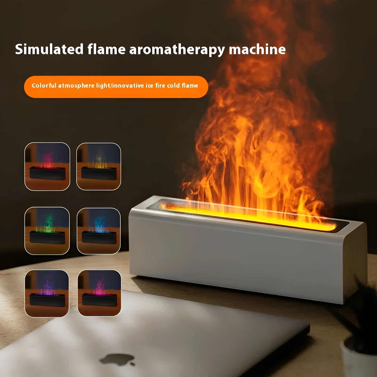 Square USB plug-in aroma diffuser with simulated flame lighting effect and water tank
