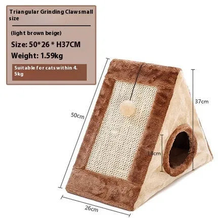 Triangle-shaped cat bed with sisal scratching corners in grey and white colour combination