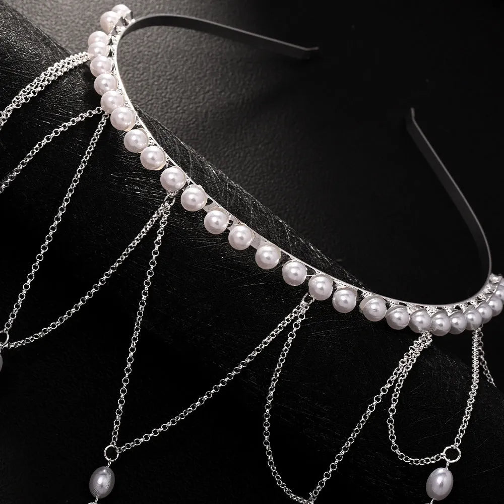 Women's mesh tassel hair chain with electroplated gold or silver finish and pearl accents