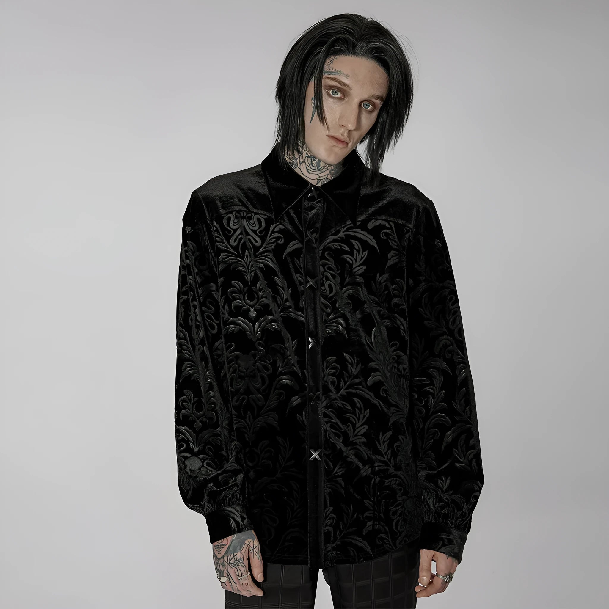 Black gothic preppy style men's velvet shirt with pointed collar and long sleeves