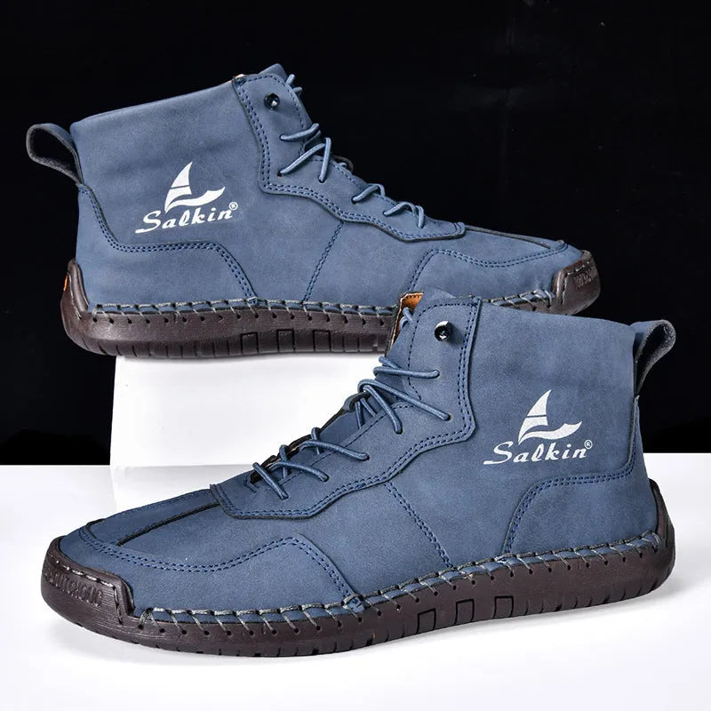 Men's retro high-top casual boots in artificial PU with round toe and elastic band