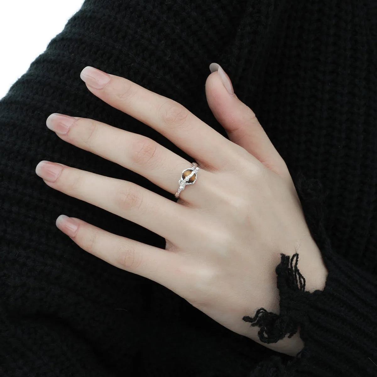 Women's adjustable silver ring with Saturn and Tigereye design in white gold electroplated finish