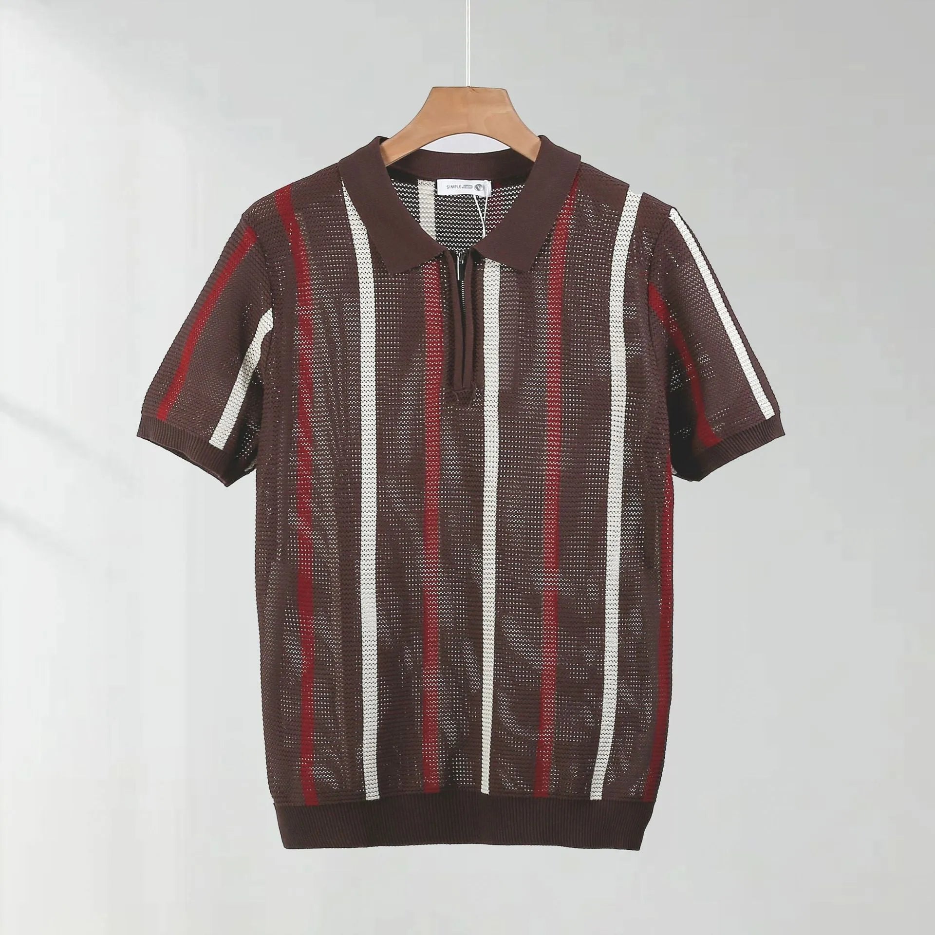 Short-sleeved polo shirt in hollow mesh ice silk fabric with decorative zipper detailing