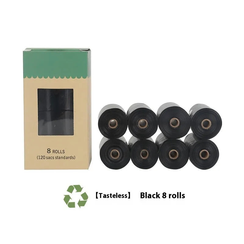 Rolls of green, black, blue, purple and orange degradable pet poo bags with a portable dispenser