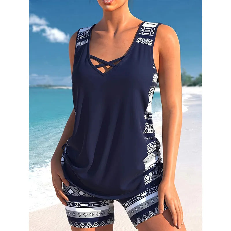 Women's sports hollow conservative split swimsuit in polyester sleeveless briefs style shown on white background