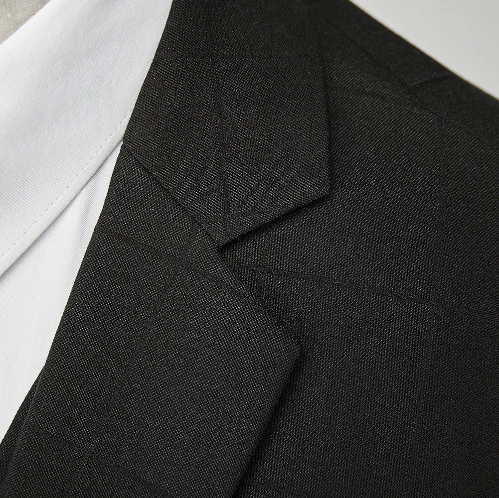 Men's navy blue three-piece slim fit plaid suit with jacket, vest, and trousers on hanger