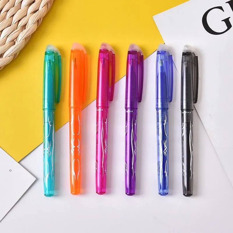 Heat-erasable gel pen with stainless steel nib in multiple colours showing 0.5mm and 0.7mm options