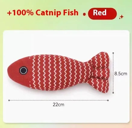 Catnip-filled fabric fish cat toy in blue, red, and yellow colour options