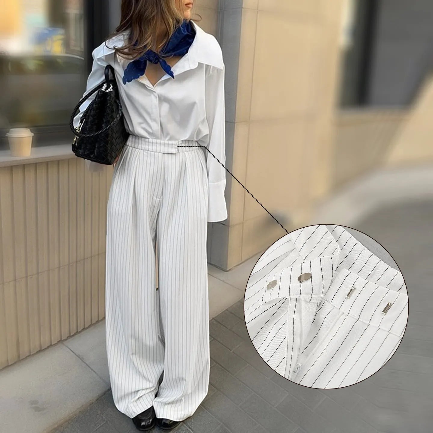 White striped wide-leg casual trousers with zipper detail shown in S/M/L sizes for commuting wear