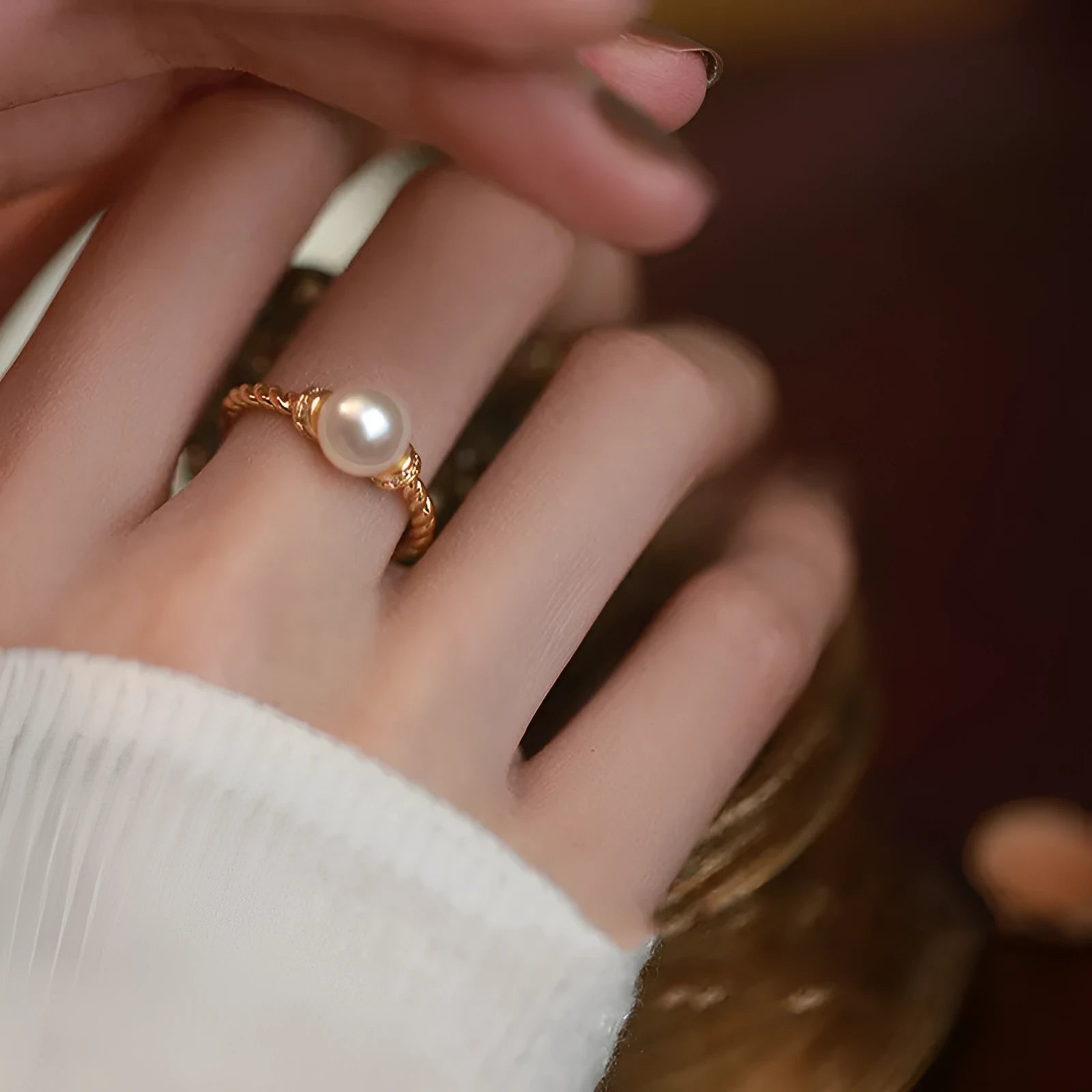 Antique twist geometric ring with pearl detail on adjustable copper band