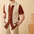 Beige short-sleeved knitted cardigan with lapel collar made from cotton linen blend fabric
