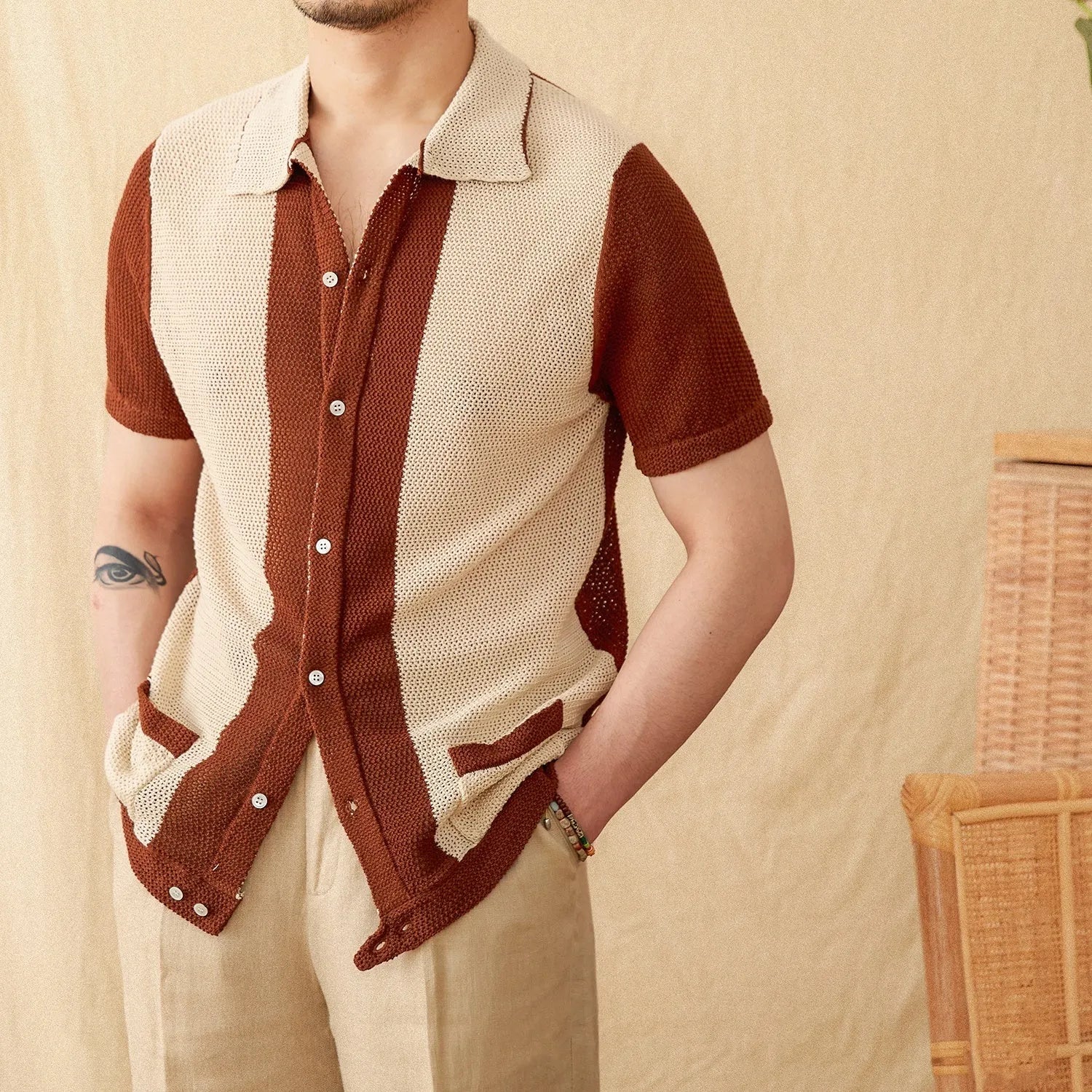 Beige short-sleeved knitted cardigan with lapel collar made from cotton linen blend fabric